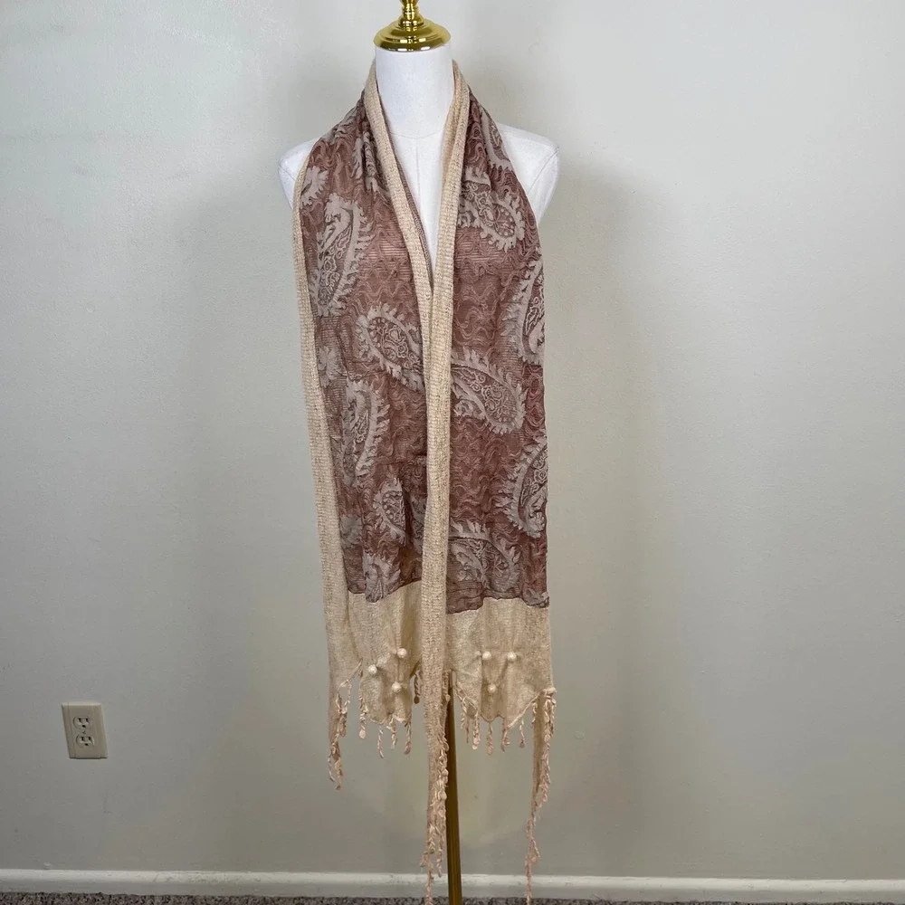 Paisley Knit Tassel Scarf Women Tan Brown Beaded Boho Romantic Wrap Fairy
